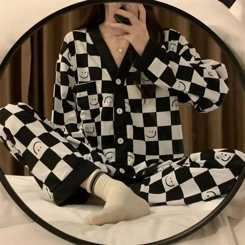 Off White with Black Cheq Smiley Printed V-Neck Button Printed PJ Set