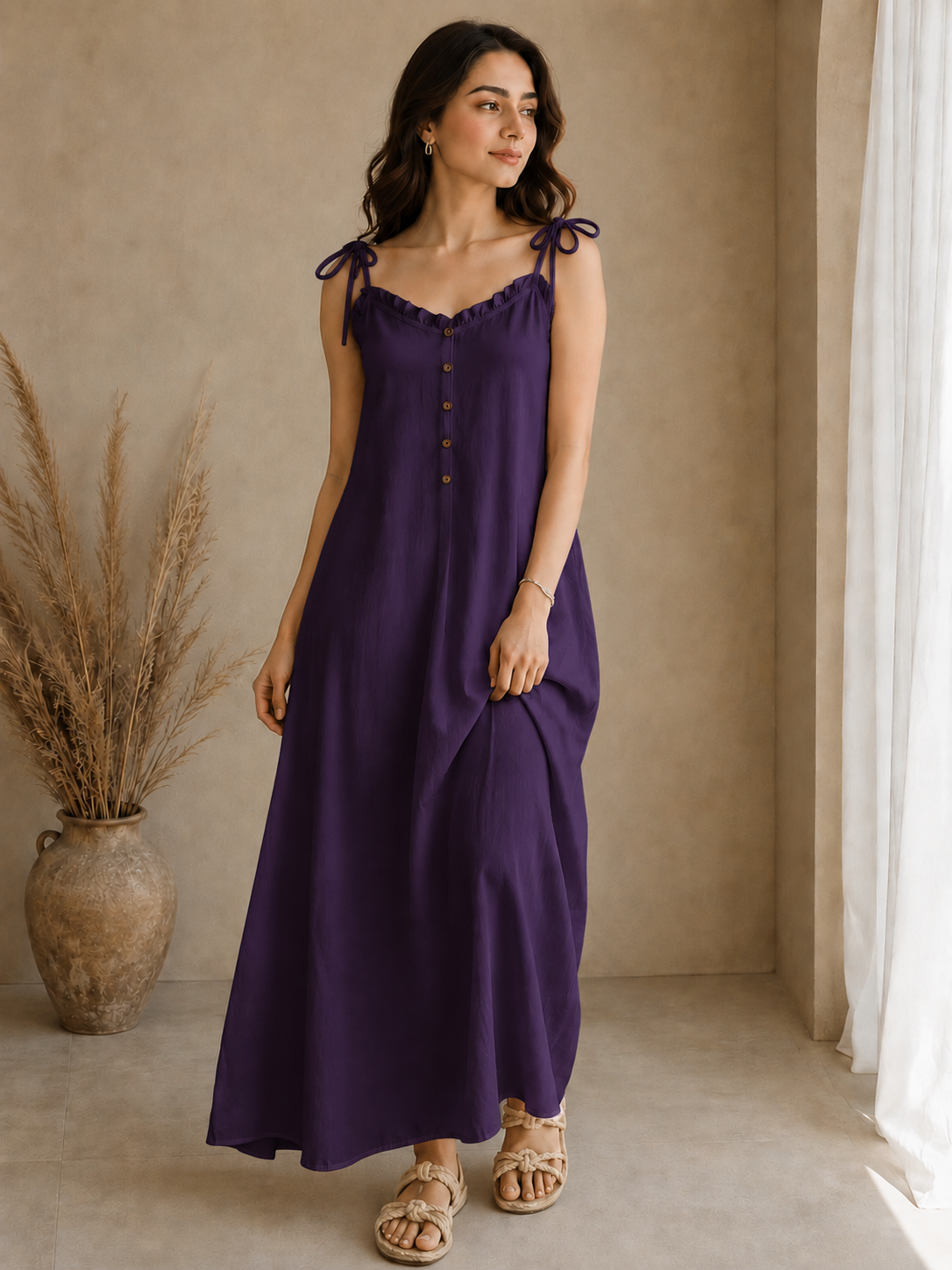 Soft Linen Tie-Shoulder Button Front Maxi Ankle Length Dress SBS-8