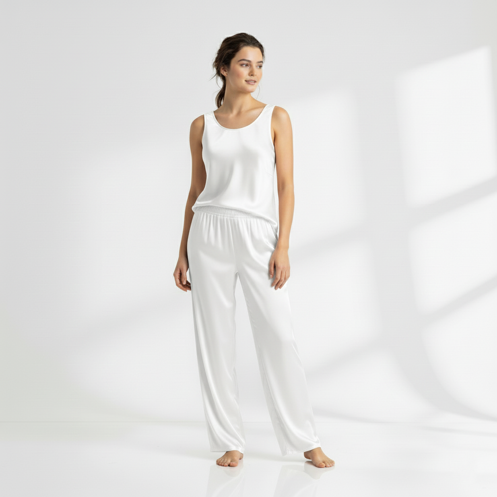 SILK TOP & PAJAMA SET - WHITE
