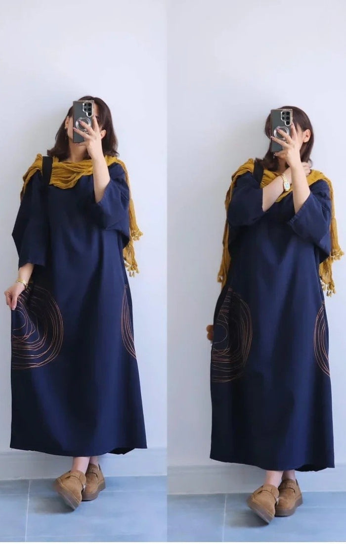 Premium Women's Linen Maxi Dress with Round Embroidery Relaxed Fit SBS-6