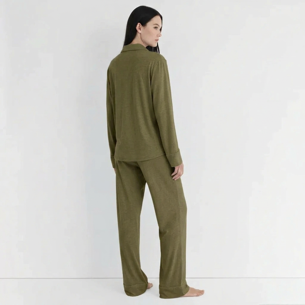 Army-green pajama suit, back view