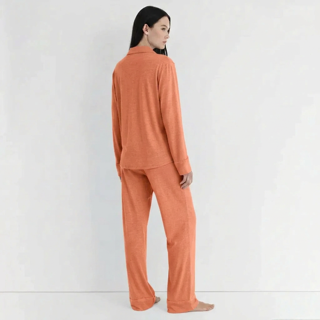 Coral-peach pajama suit, back view