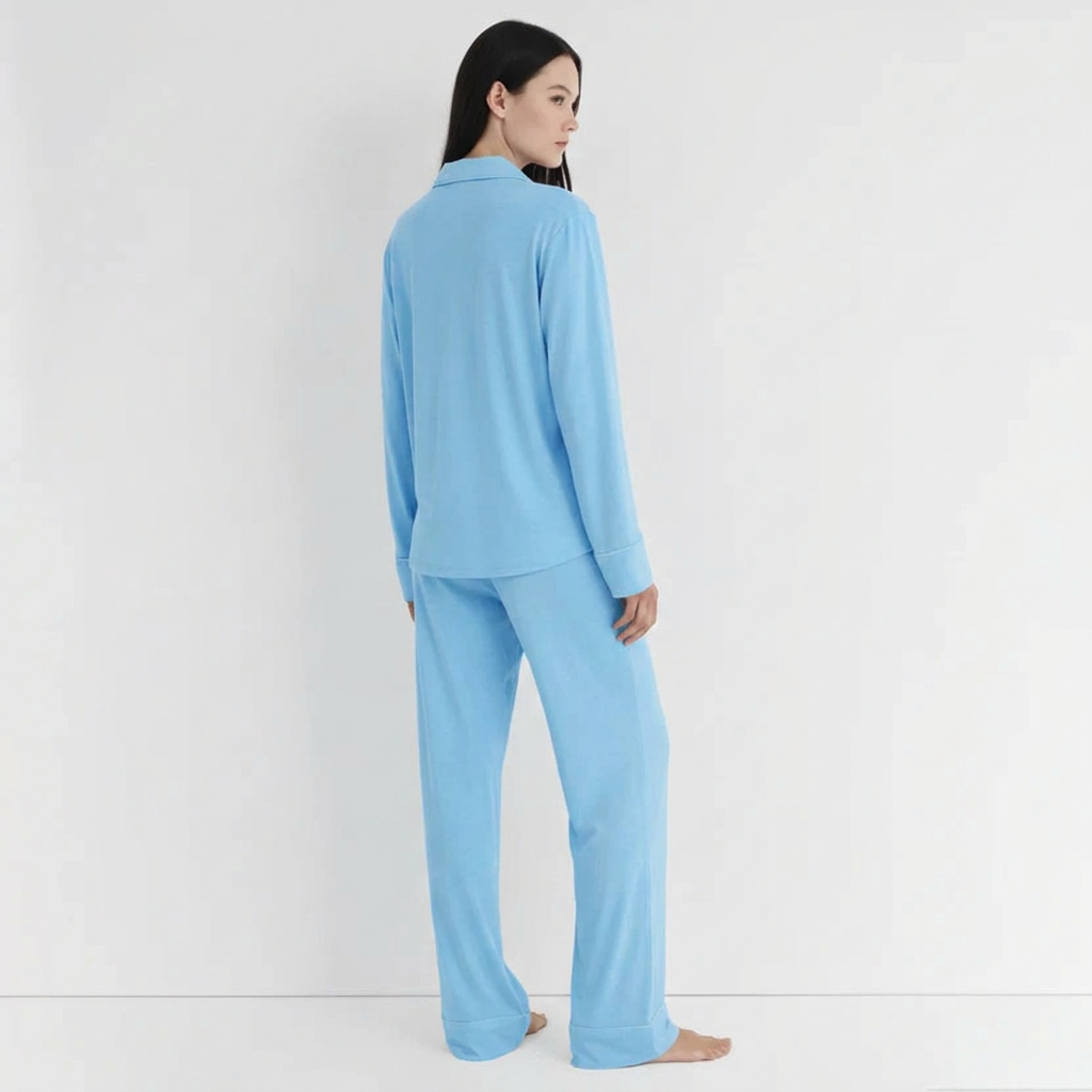 Sky-blue suit, back view