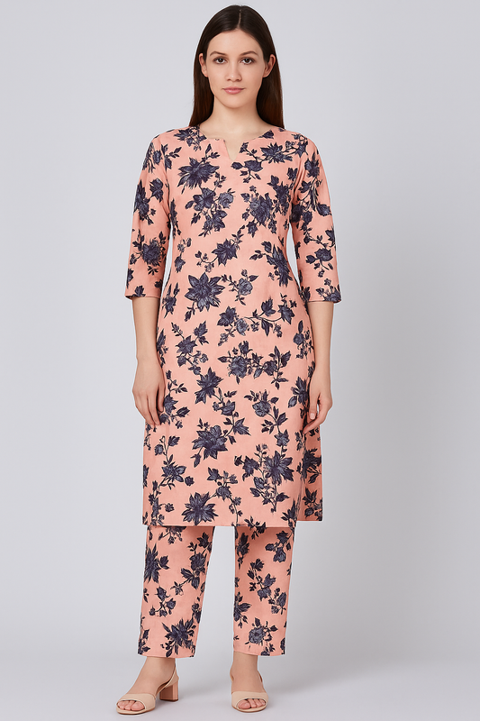 MICRO POLO COTTON- 2 PIECE-Beige With Black Flowers US-019