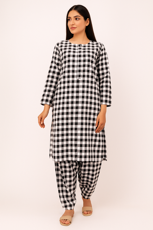 MICRO POLO COTTON- 2 PIECE-Black & White Check US-016