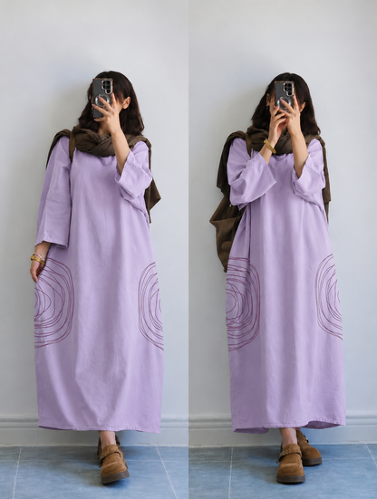 Premium Women's Linen Maxi Dress with Round Embroidery Relaxed Fit SBS-6