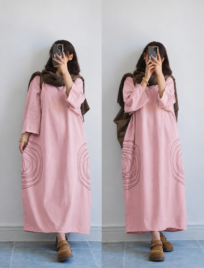 Premium Women's Linen Maxi Dress with Round Embroidery Relaxed Fit SBS-6
