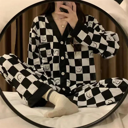 Off White with Black Cheq Smiley Printed V-Neck Button Printed PJ Set