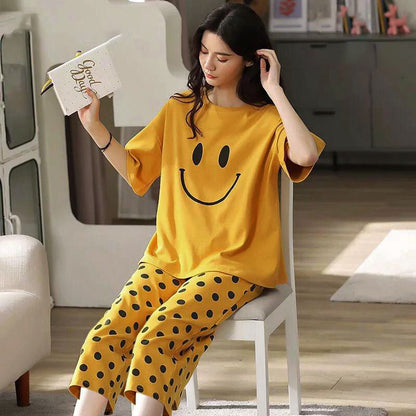 MUSTARD SMILEY POLKA DOT PRINTED NIGHT SUIT