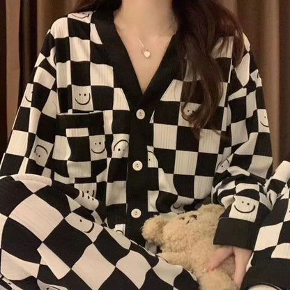 Off White with Black Cheq Smiley Printed V-Neck Button Printed PJ Set