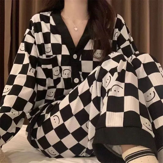 Off White with Black Cheq Smiley Printed V-Neck Button Printed PJ Set