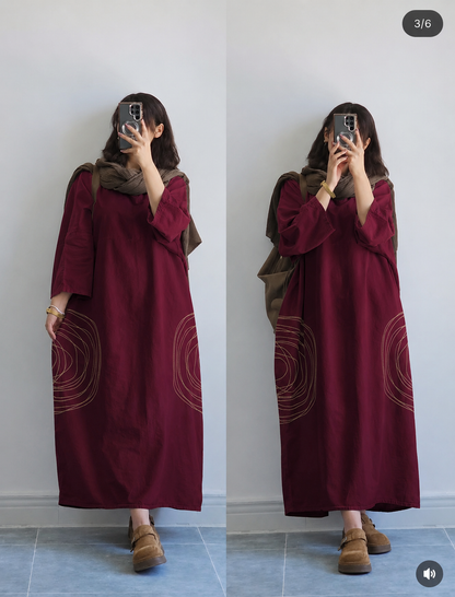 Premium Women's Linen Maxi Dress with Round Embroidery Relaxed Fit SBS-6