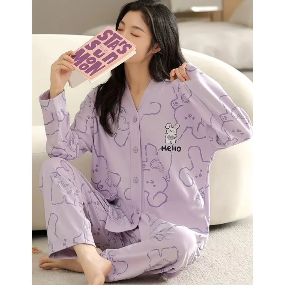 Lilac Love Bunny Printed V-Neck Button Printed PJ Set