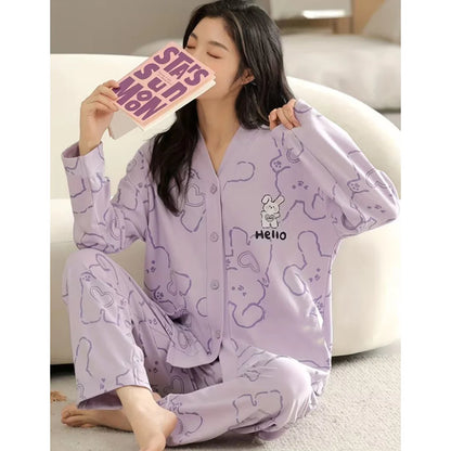 Lilac Love Bunny Printed V-Neck Button Printed PJ Set