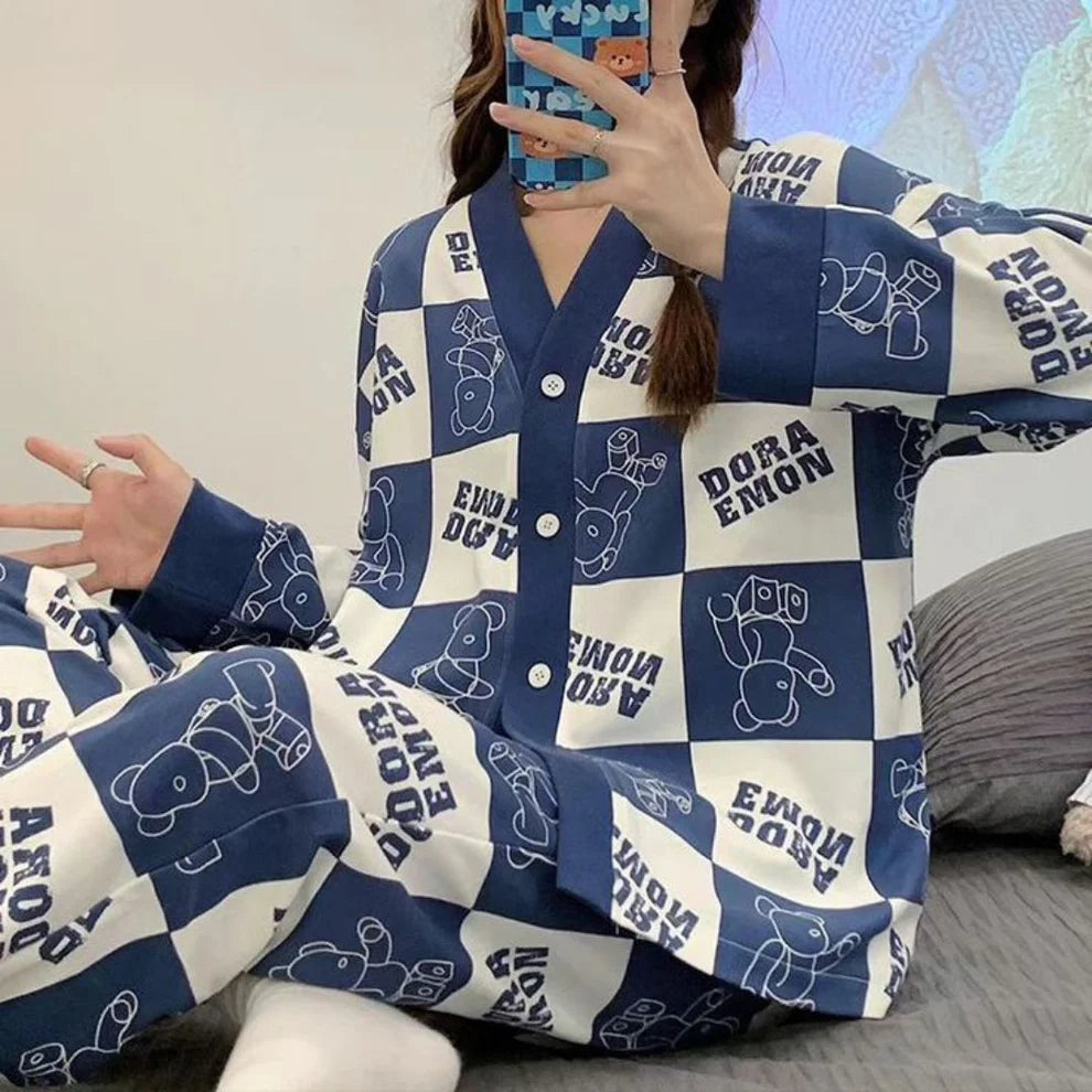 White with Blue Doraemon Printed V-Neck Button Printed PJ Set