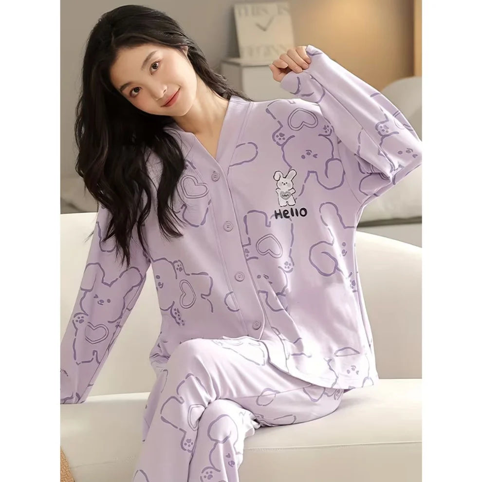Lilac Love Bunny Printed V-Neck Button Printed PJ Set