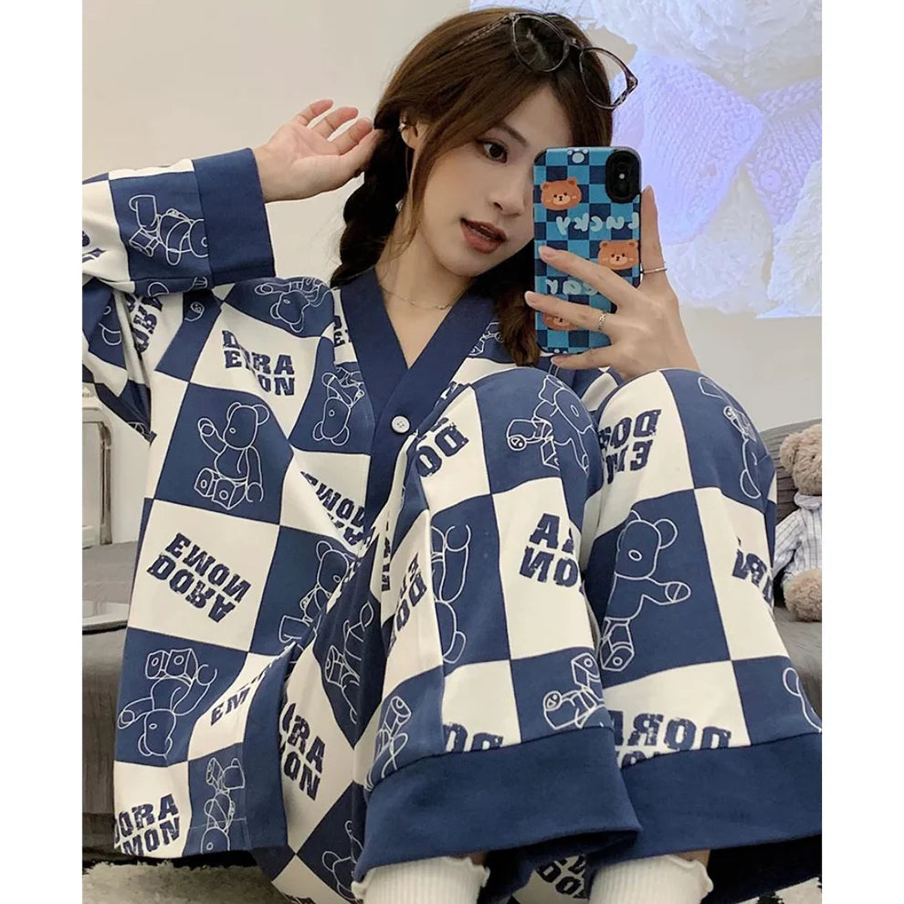 White with Blue Doraemon Printed V-Neck Button Printed PJ Set