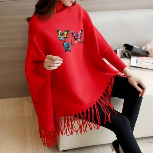 3 BUTTERFLY PRINTED PONCHO - RED