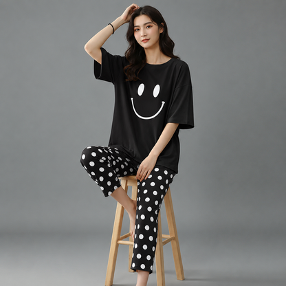 BLACK SMILEY STARE DOT PRINTED NIGHT SUIT