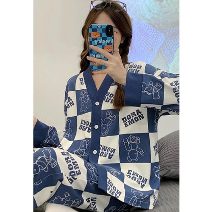 White with Blue Doraemon Printed V-Neck Button Printed PJ Set