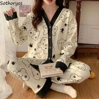 Off White with Black Bears Printed V-Neck Button Printed PJ Set