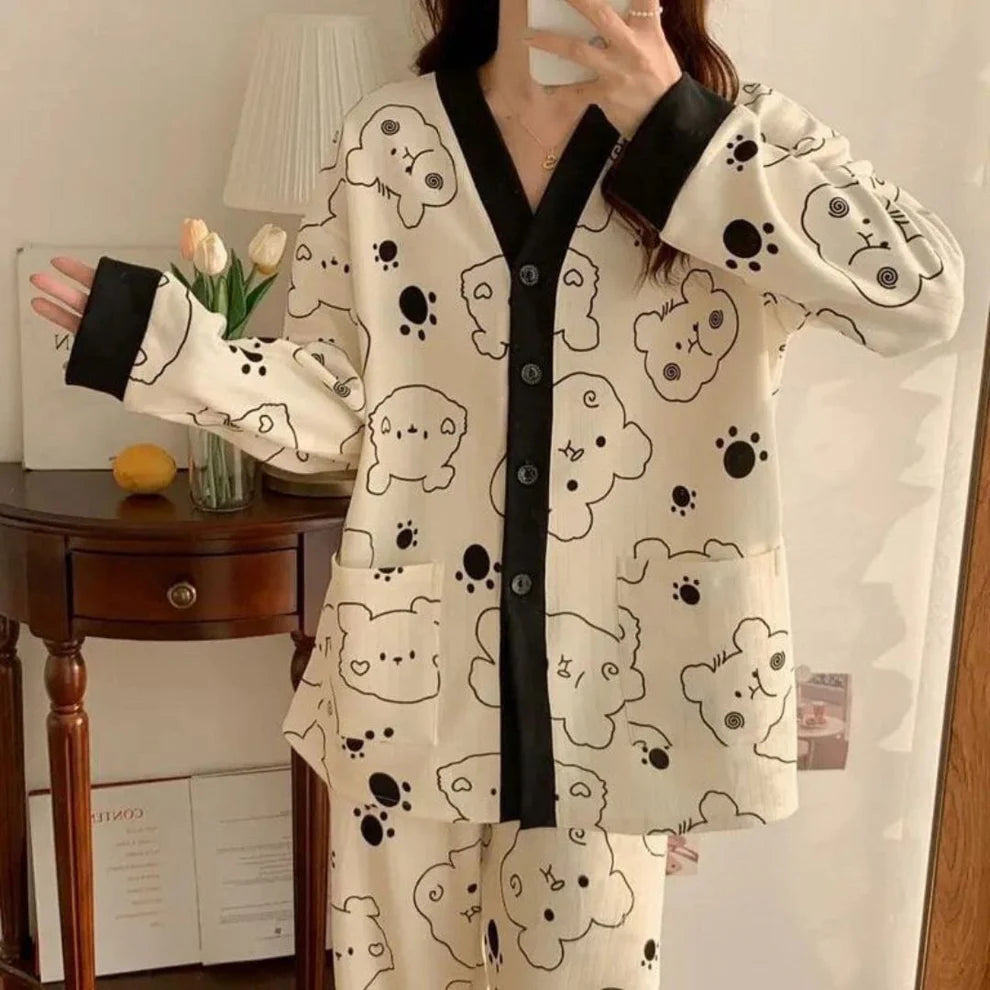 Off White with Black Bears Printed V-Neck Button Printed PJ Set