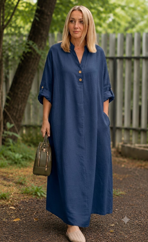 Premium Women's Linen Maxi Dress Relaxed Fit Button Front Long Dress SBS-7
