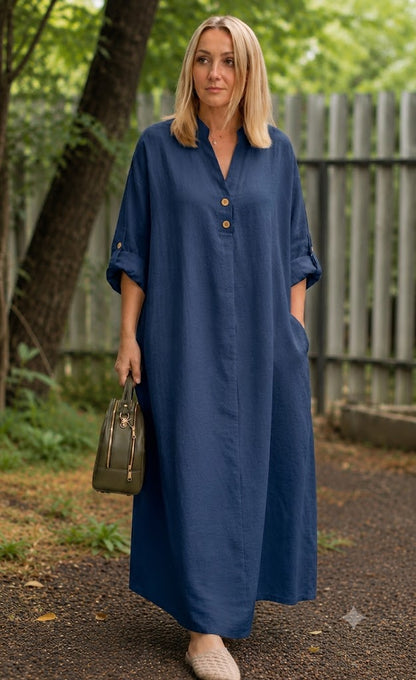 Premium Women's Linen Maxi Dress Relaxed Fit Button Front Long Dress SBS-7