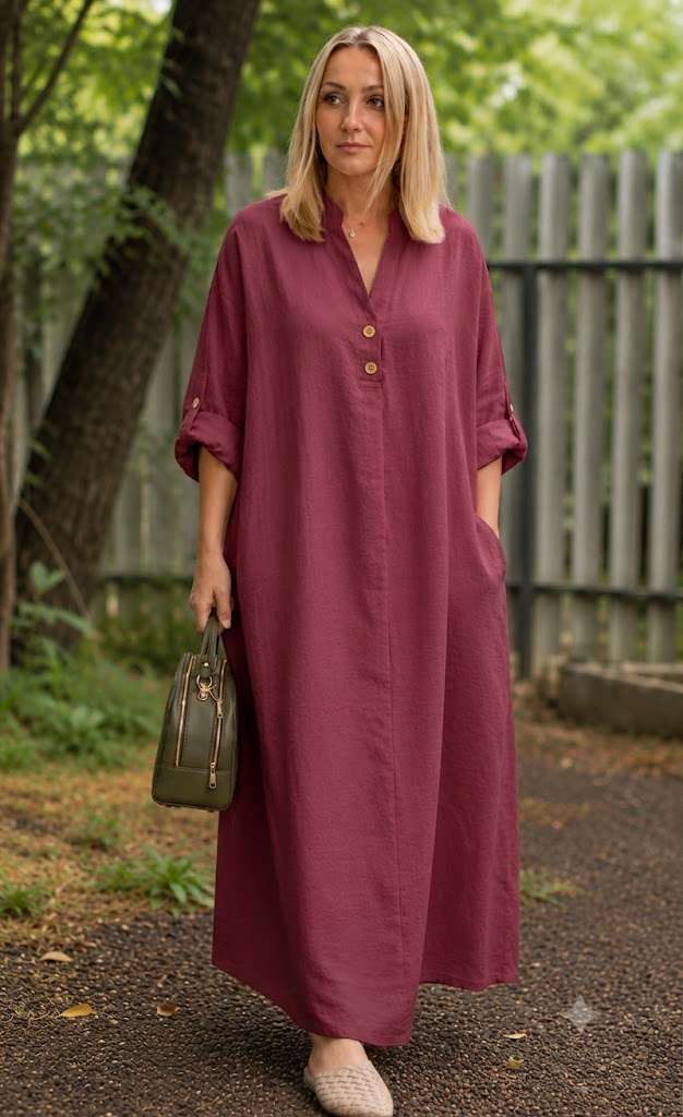 Premium Women's Linen Maxi Dress Relaxed Fit Button Front Long Dress SBS-7