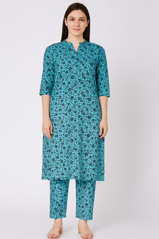 MICRO POLO COTTON- 2 PIECE-Ferozi With Black Flowers US-004