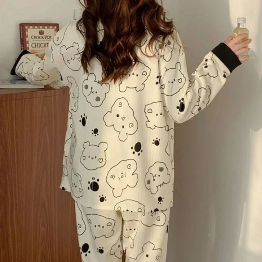 Off White with Black Bears Printed V-Neck Button Printed PJ Set