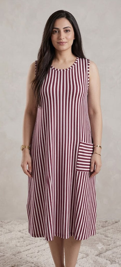 Premium Vertical Stripe Sleeveless Nighty with Pocket SBS-4