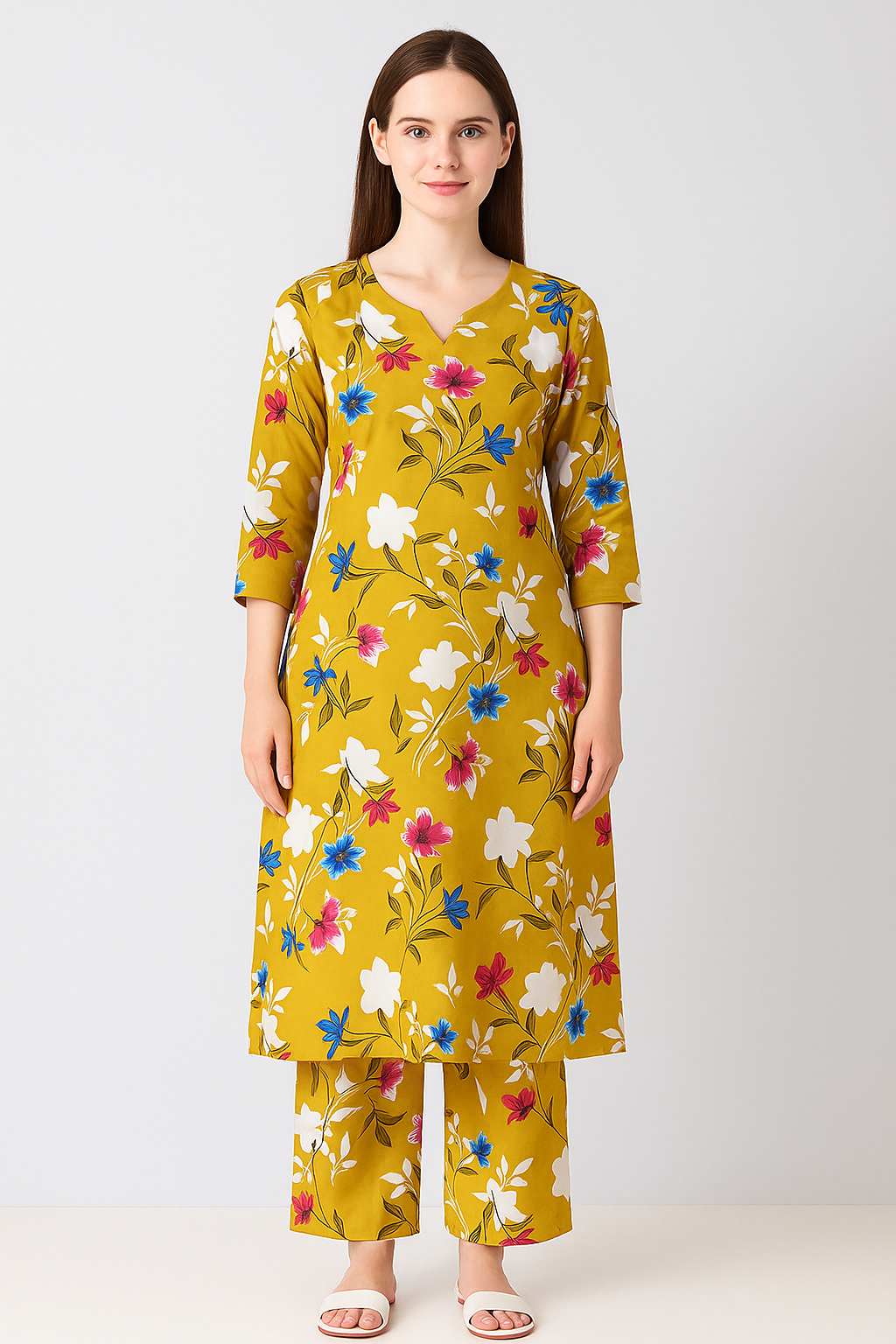 MICRO POLO COTTON- 2 PIECE-Beige With Flowers US-003