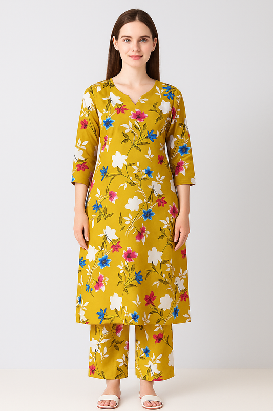 MICRO POLO COTTON- 2 PIECE-Beige With Flowers US-003