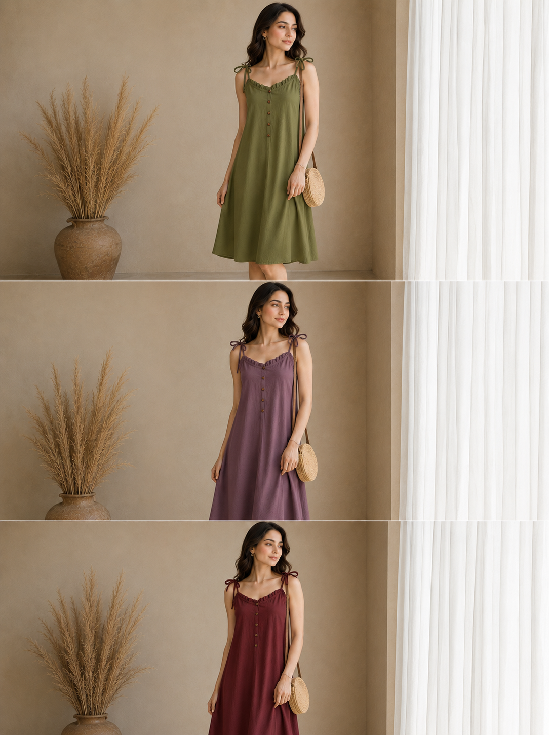 Soft Linen Tie-Shoulder Button Front Maxi Knee Length Dress SBS-5