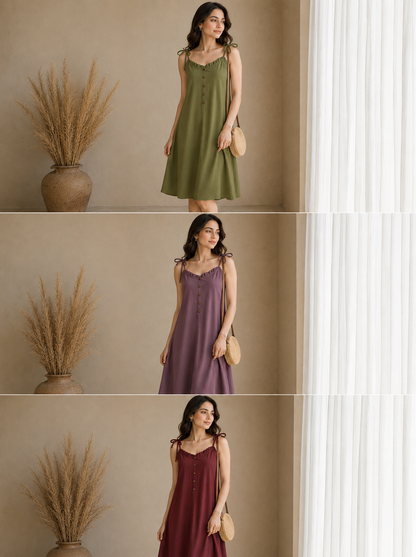 Soft Linen Tie-Shoulder Button Front Maxi Knee Length Dress SBS-5