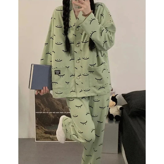 Green Smiley V-Neck Button Printed PJ Set For Her