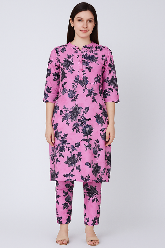 MICRO POLO COTTON- 2 PIECE-Pink With Black Flowers US-017