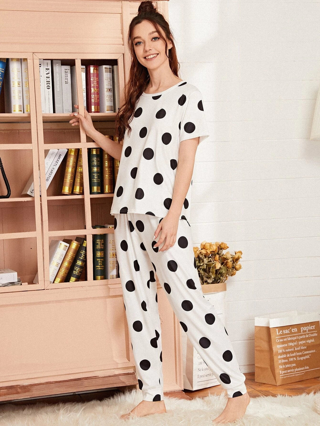 HN-BLACK AND WHITE DOTED HALF SLEEVES PRINTED NIGHT SUIT