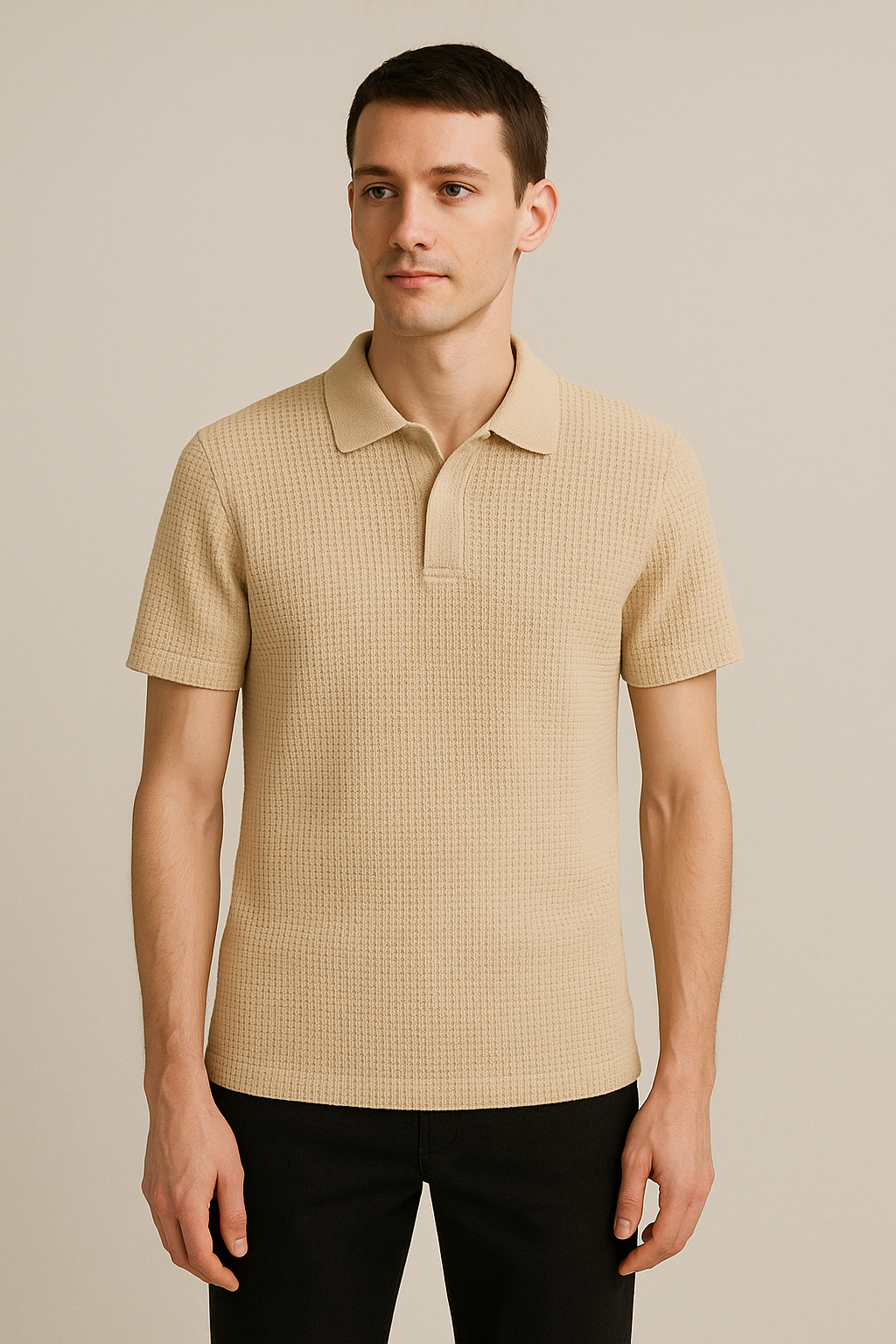 WAFFLE KNITTED POLO - BIEGE