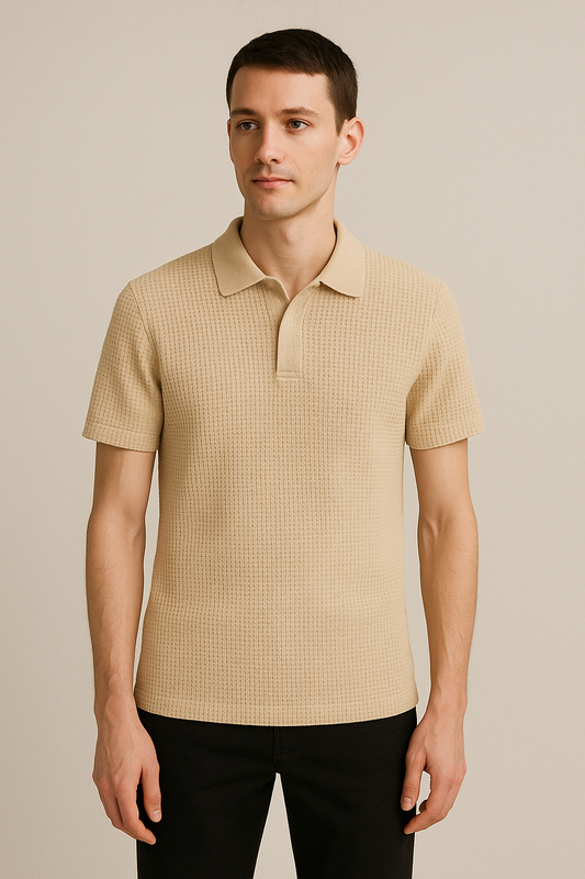 WAFFLE KNITTED POLO - BIEGE