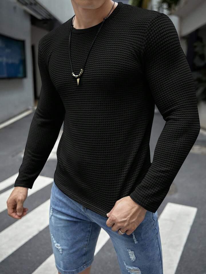 FULL SLEEVES WAFFLE KNIT TEE - BLACK