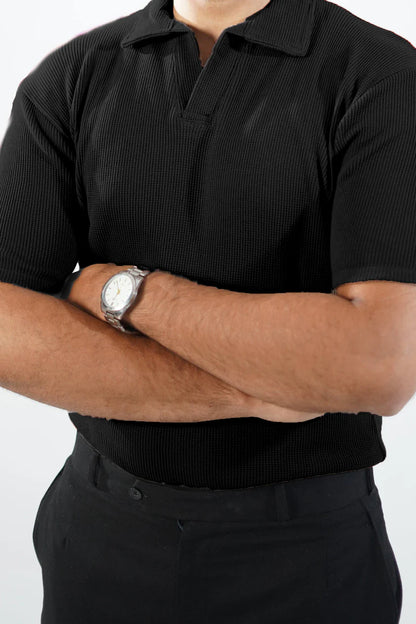 WAFFLE KNITTED POLO - BLACK