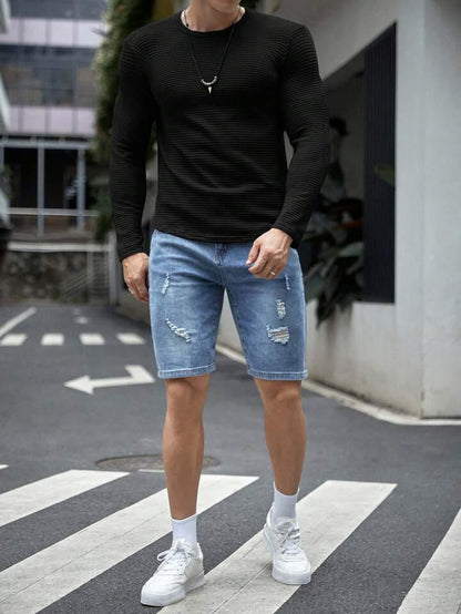 FULL SLEEVES WAFFLE KNIT TEE - BLACK