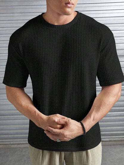 OVER-SIZED WAFFLE KNIT TEE FOR MEN - BLACK