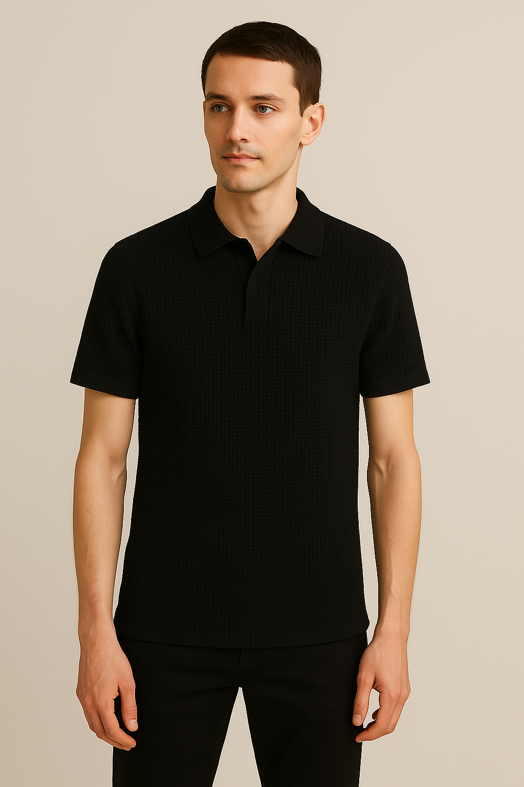 WAFFLE KNITTED POLO - BLACK