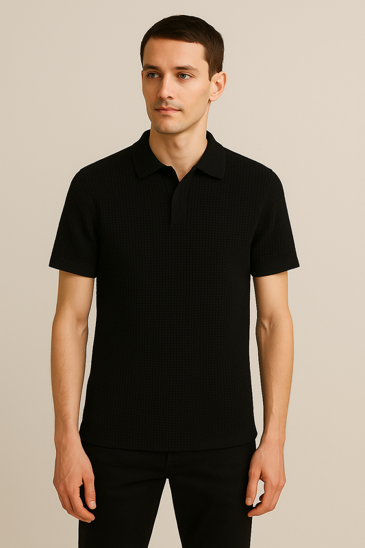 WAFFLE KNITTED POLO - BLACK