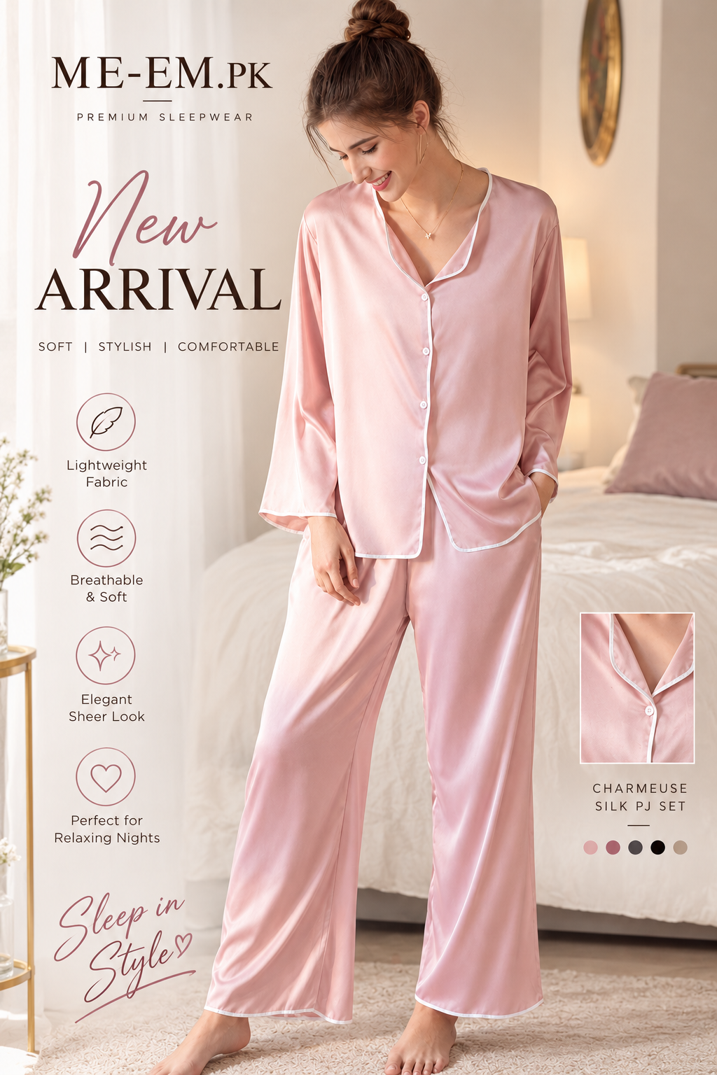 22 Momme Wavy Piped Button-Up Silk Pajama Set for Women