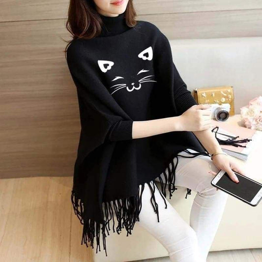 CAT PRINTED PONCHO - BLACK