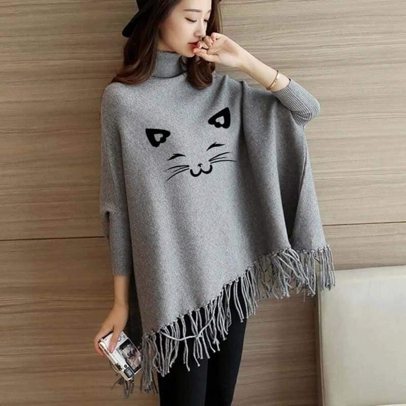 CAT PRINTED PONCHO - GREY